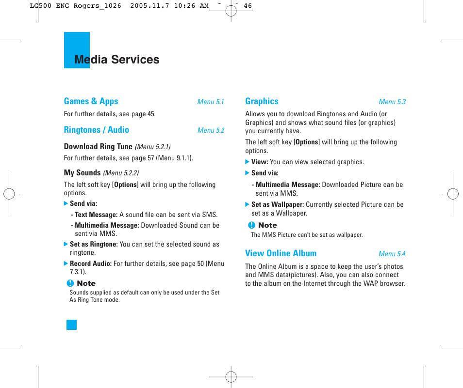 Media services | LG 500 User Manual | Page 46 / 85