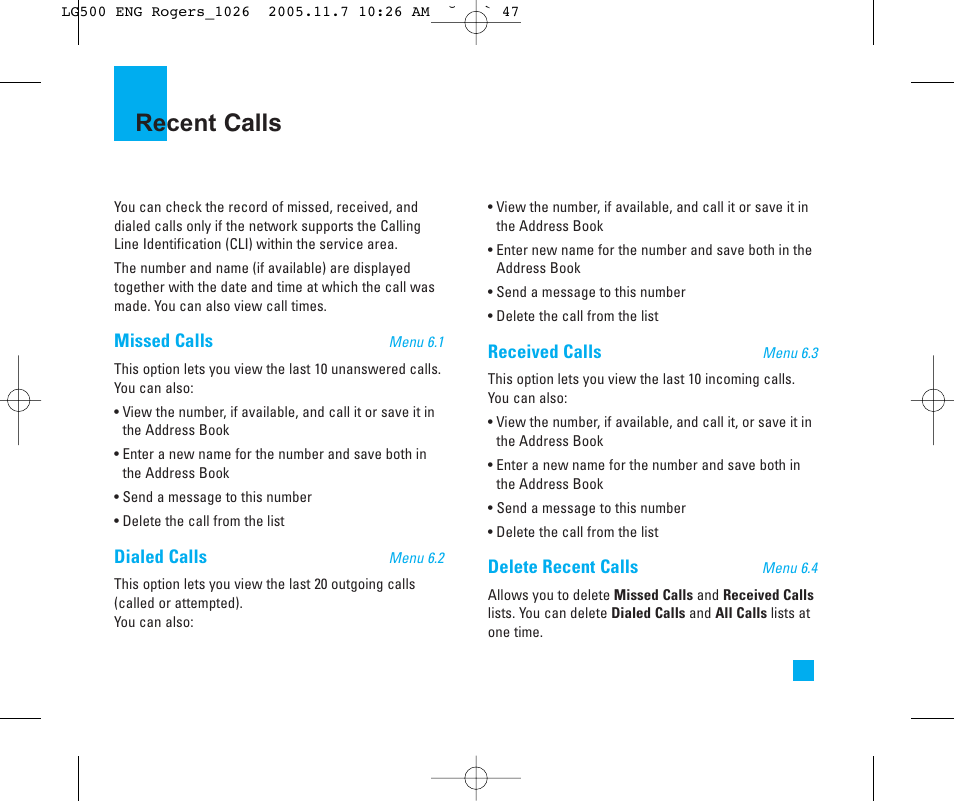 Recent calls | LG 500 User Manual | Page 47 / 85