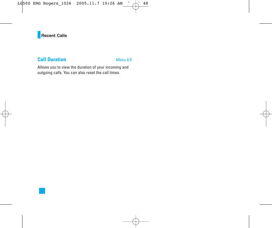 Call duration | LG 500 User Manual | Page 48 / 85