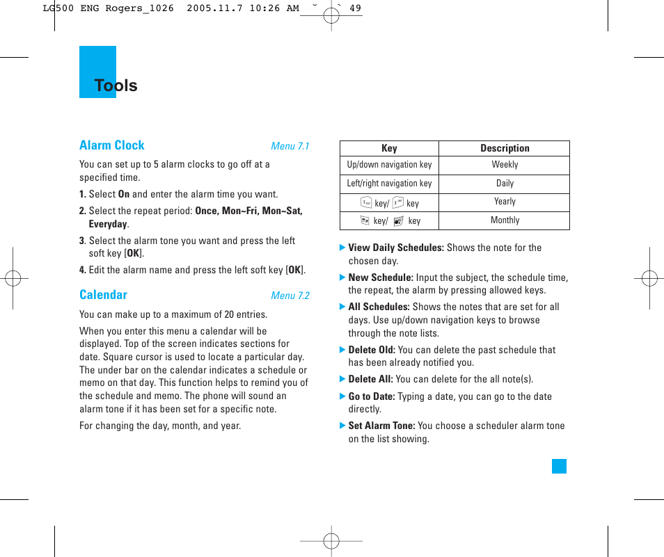 Tools, Alarm clock, Calendar | LG 500 User Manual | Page 49 / 85