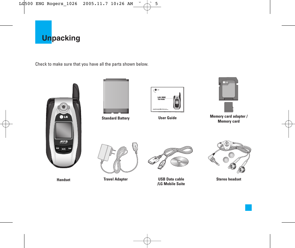 Unpacking | LG 500 User Manual | Page 5 / 85
