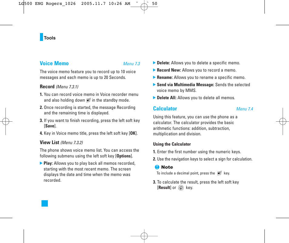 Calculator | LG 500 User Manual | Page 50 / 85