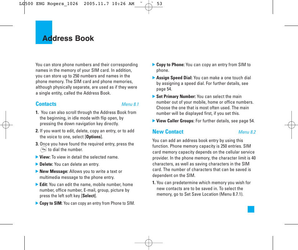 Address book, Contacts, New contact | LG 500 User Manual | Page 53 / 85