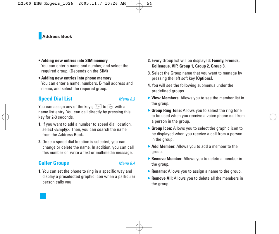 Speed dial list, Caller groups | LG 500 User Manual | Page 54 / 85