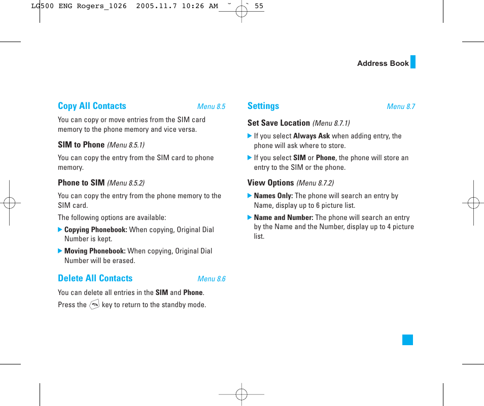 Copy all contacts, Delete all contacts, Settings | LG 500 User Manual | Page 55 / 85