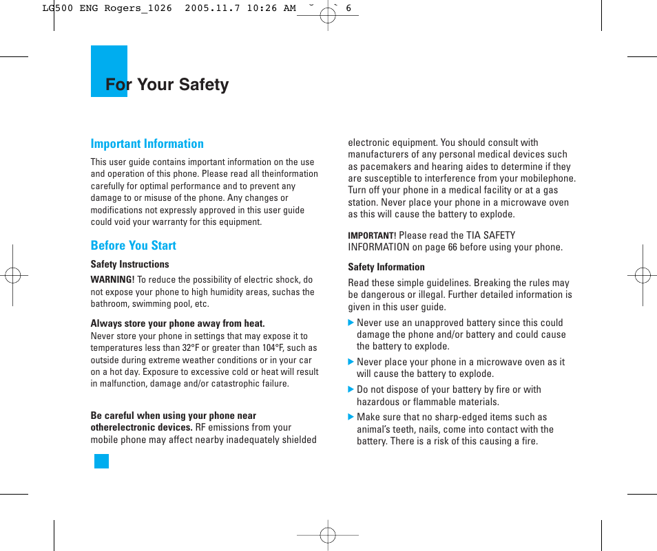 For your safety | LG 500 User Manual | Page 6 / 85