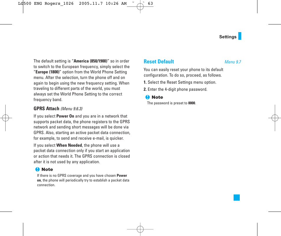 Reset default | LG 500 User Manual | Page 63 / 85