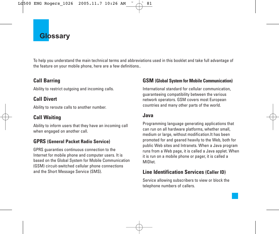 Glossary | LG 500 User Manual | Page 81 / 85