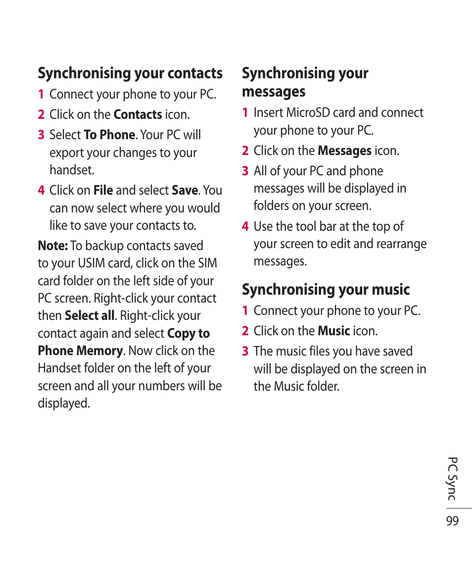 Synchronising your contacts, Synchronising your messages, Synchronising your music | LG TE365 User Manual | Page 103 / 107