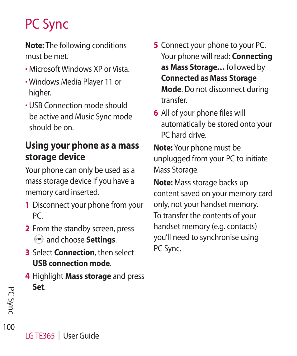 Pc sync, Using your phone as a mass storage device | LG TE365 User Manual | Page 104 / 107