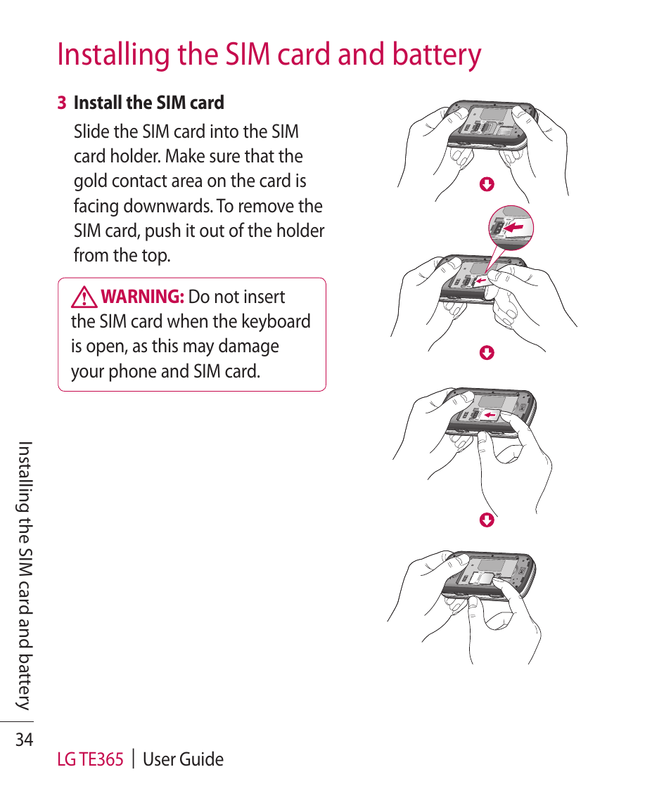 Installing the sim card and battery | LG TE365 User Manual | Page 38 / 107