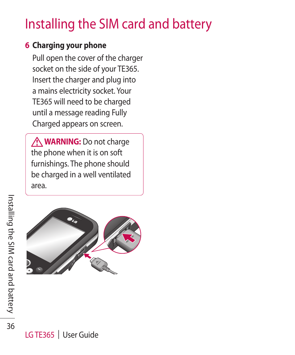 Installing the sim card and battery | LG TE365 User Manual | Page 40 / 107