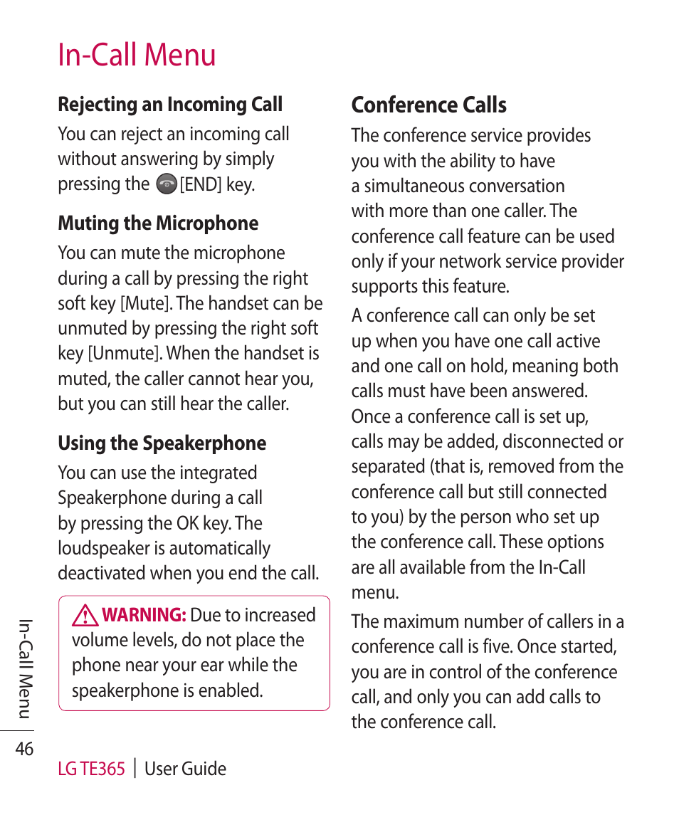 In-call menu, Conference calls | LG TE365 User Manual | Page 50 / 107