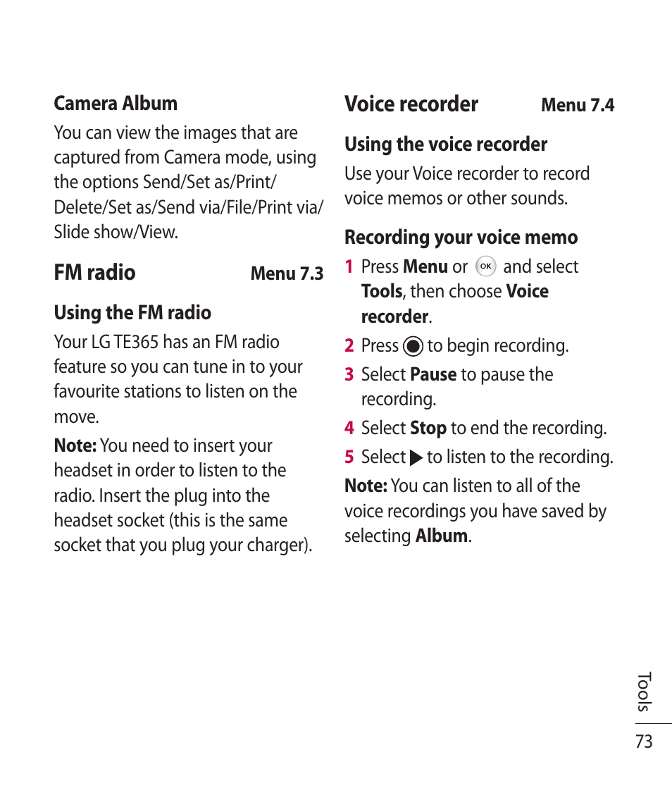 Fm radio, Voice recorder | LG TE365 User Manual | Page 77 / 107