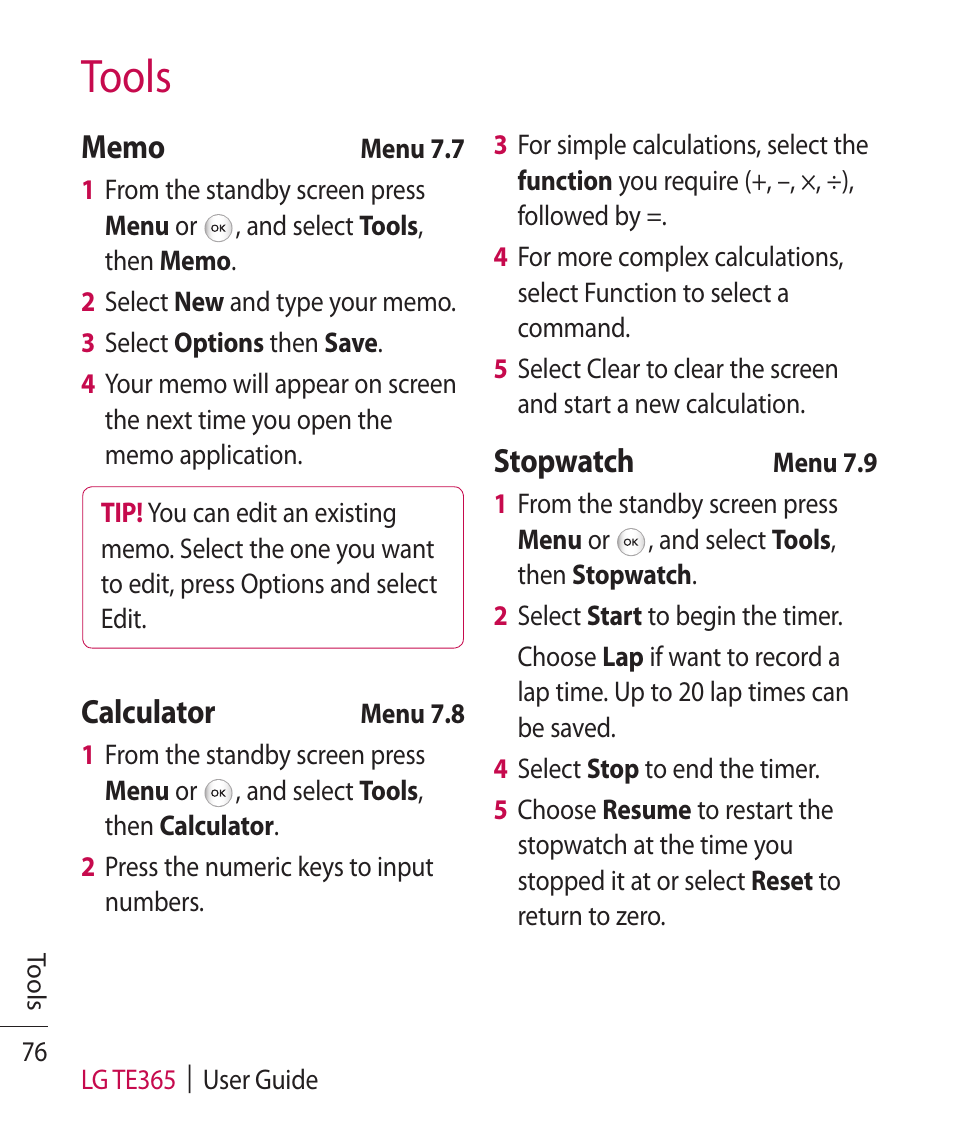 Tools, Calculator, Stopwatch | LG TE365 User Manual | Page 80 / 107