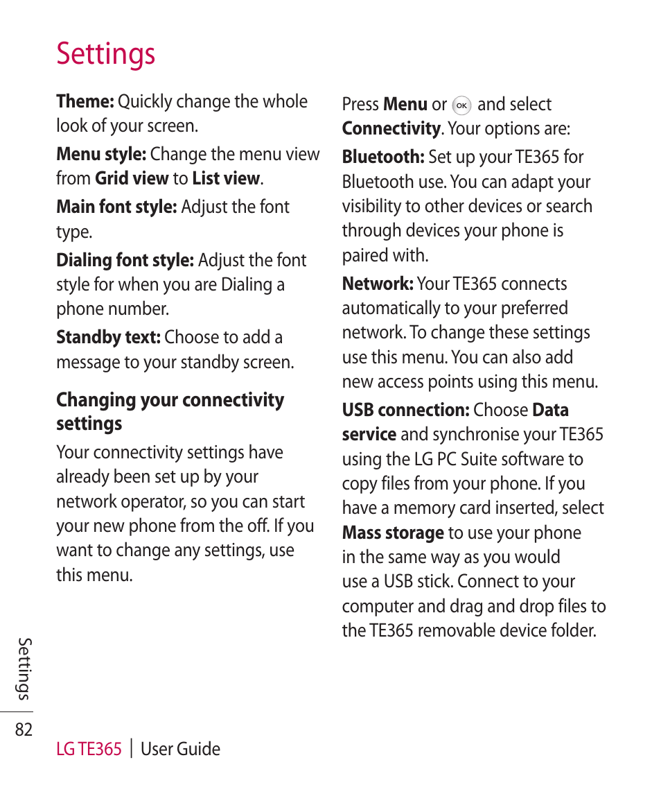 Settings | LG TE365 User Manual | Page 86 / 107