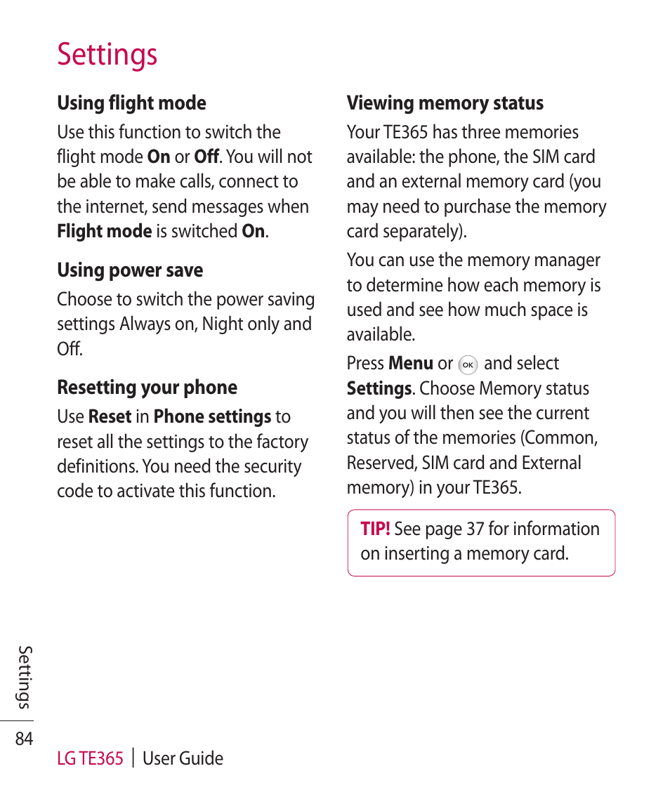 Settings | LG TE365 User Manual | Page 88 / 107