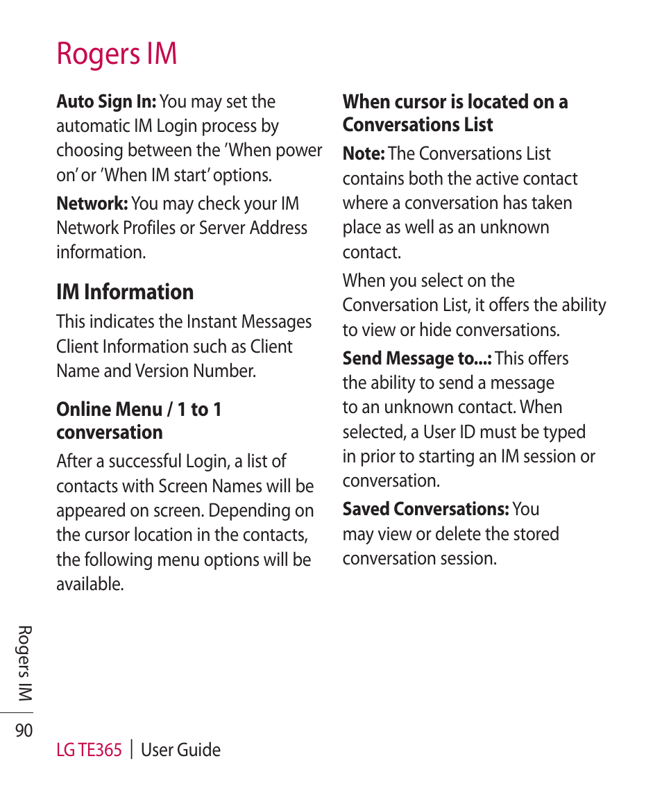 Rogers im | LG TE365 User Manual | Page 94 / 107
