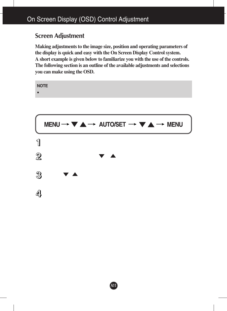 On screen display (osd) control adjustment, Screen adjustment | LG W2343T User Manual | Page 12 / 28