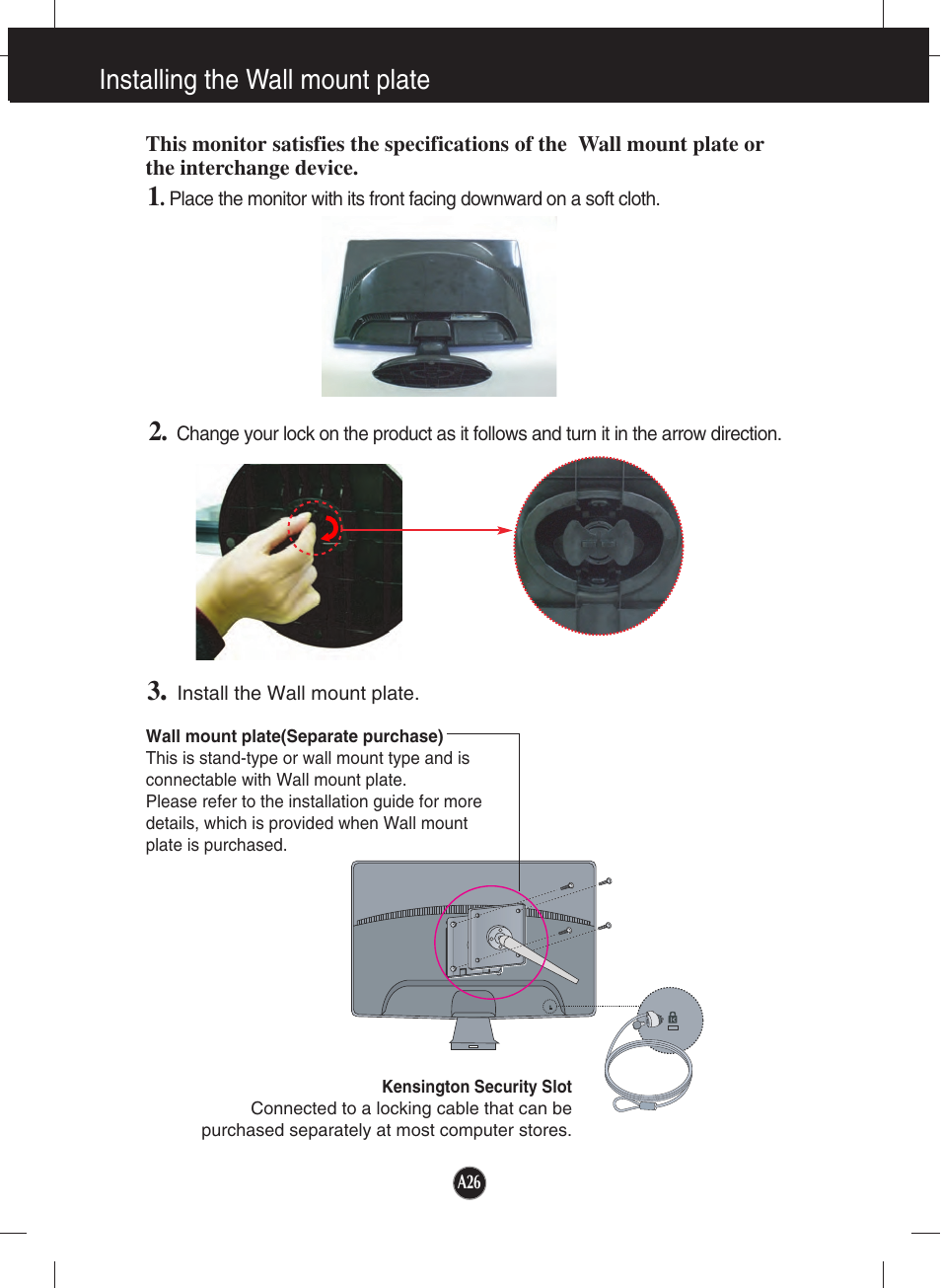 Installing the wall mount plate | LG W2343T User Manual | Page 27 / 28