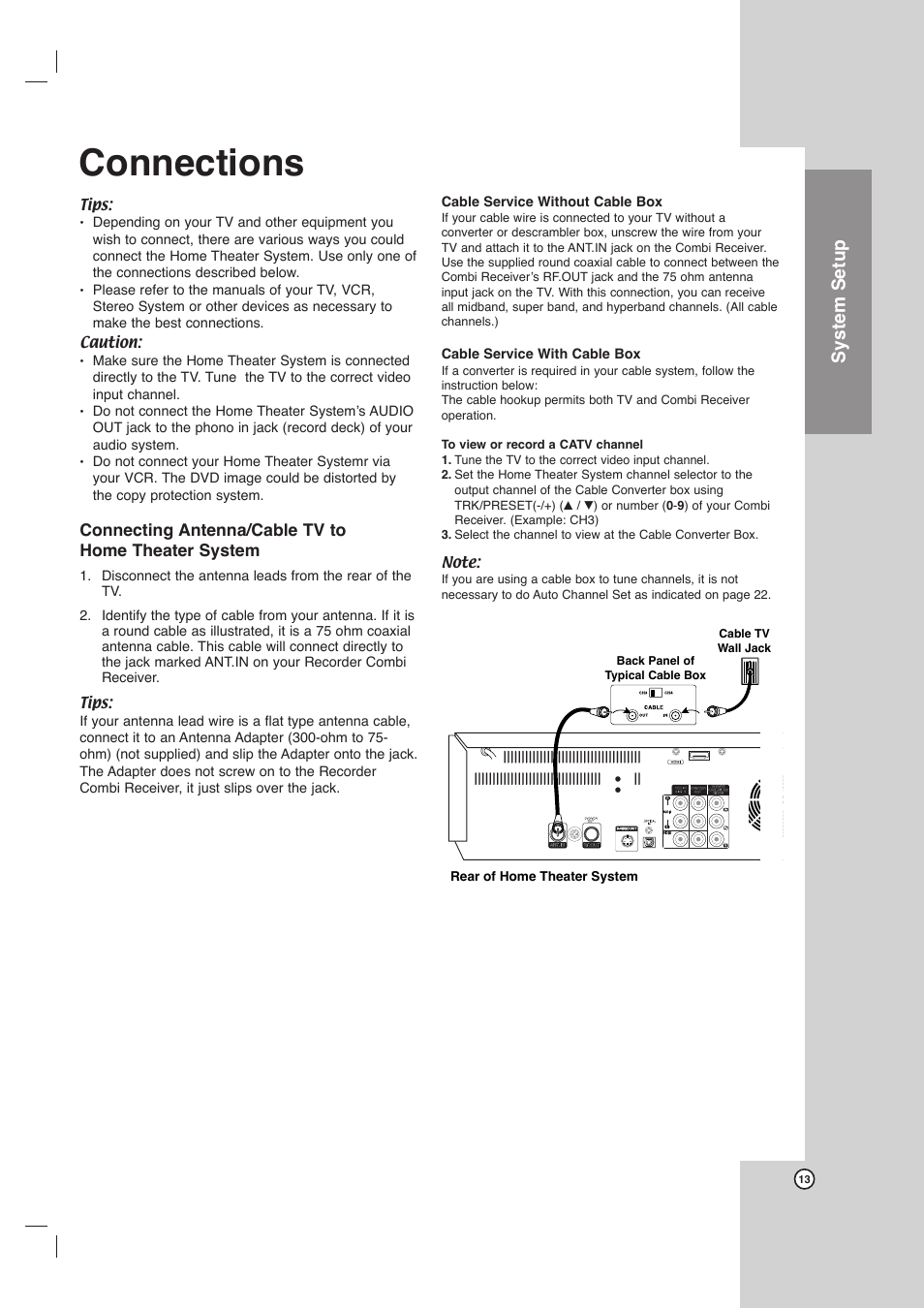 Connections, System setup | LG LHX-557 User Manual | Page 13 / 56