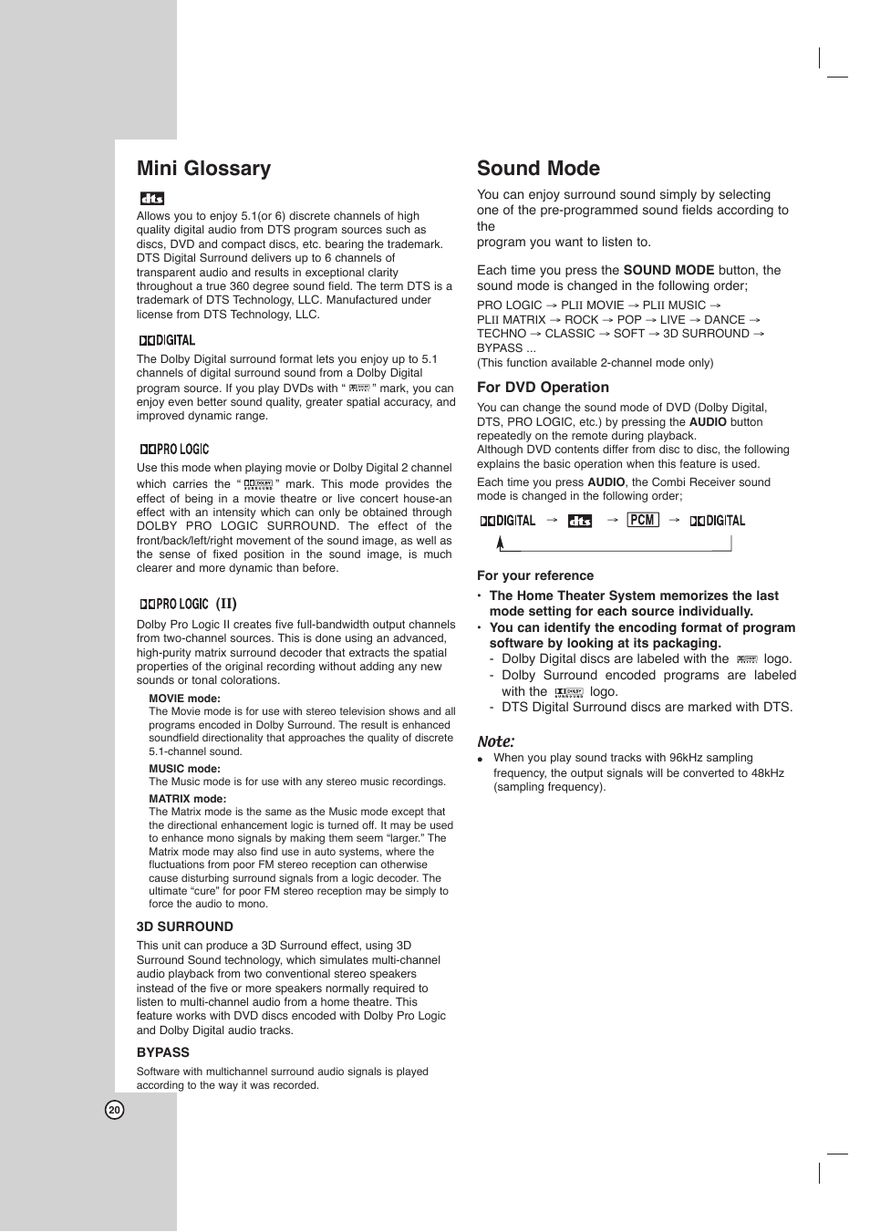 Mini glossary, Sound mode | LG LHX-557 User Manual | Page 20 / 56