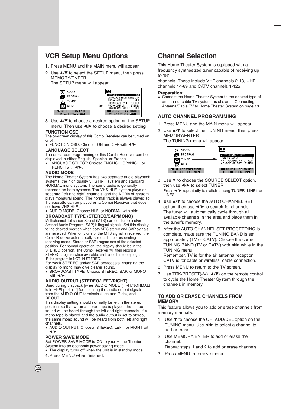 Vcr setup menu options, Channel selection | LG LHX-557 User Manual | Page 22 / 56
