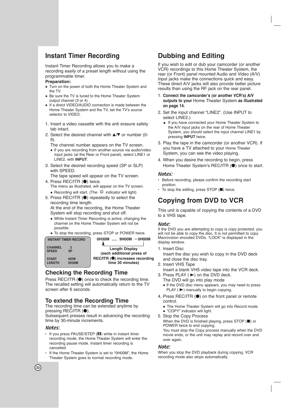 Instant timer recording, Dubbing and editing, Copying from dvd to vcr | Checking the recording time | LG LHX-557 User Manual | Page 32 / 56