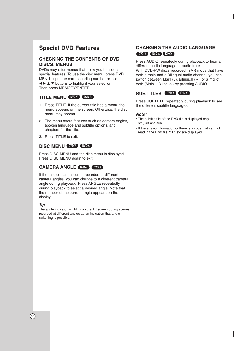 Special dvd features | LG LHX-557 User Manual | Page 38 / 56
