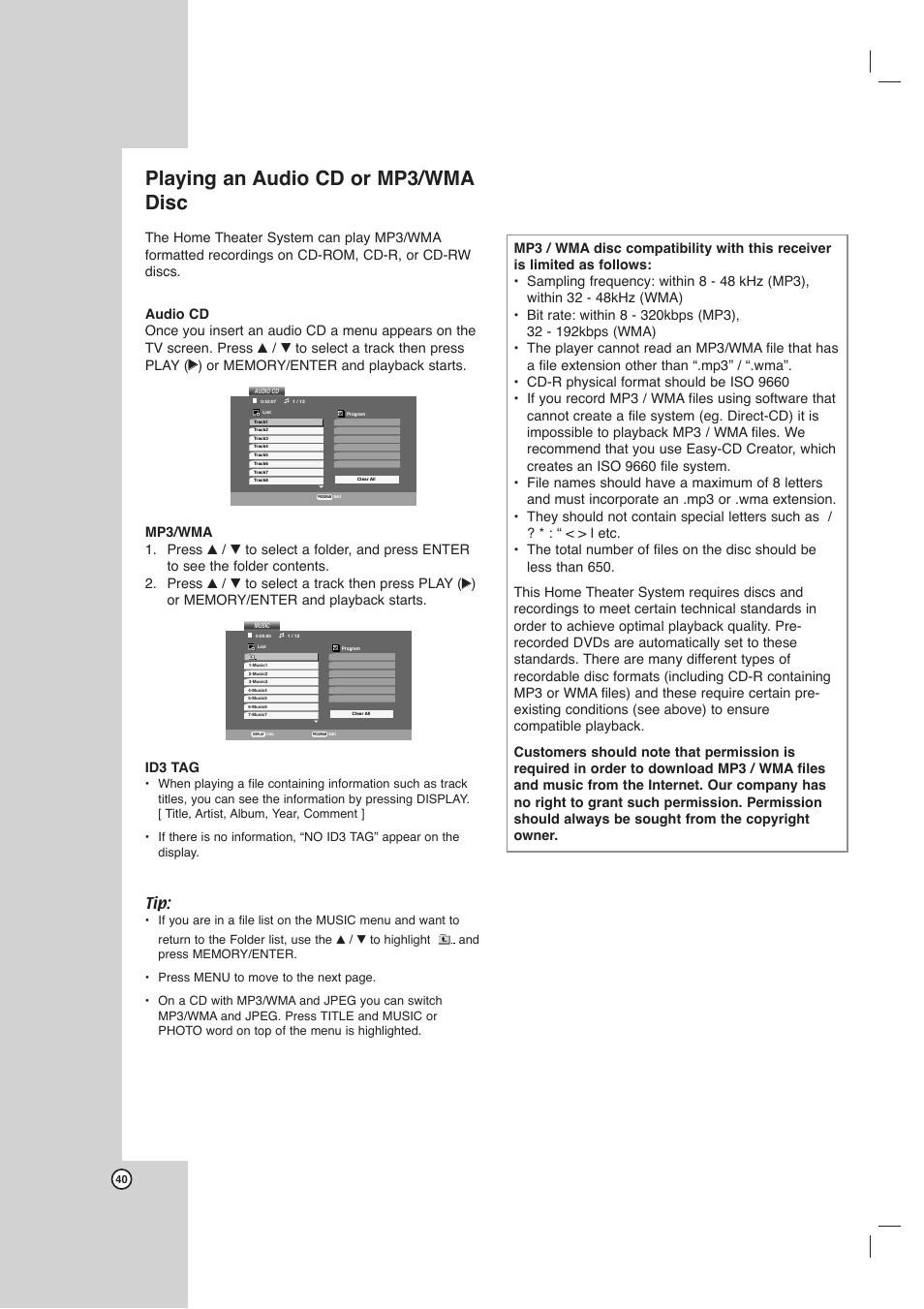 Playing an audio cd or mp3/wma disc | LG LHX-557 User Manual | Page 40 / 56
