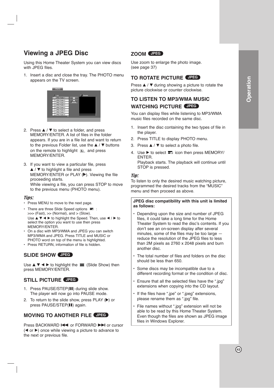 Viewing a jpeg disc, Operation, Slide show | Still picture, Moving to another file, Zoom | LG LHX-557 User Manual | Page 43 / 56