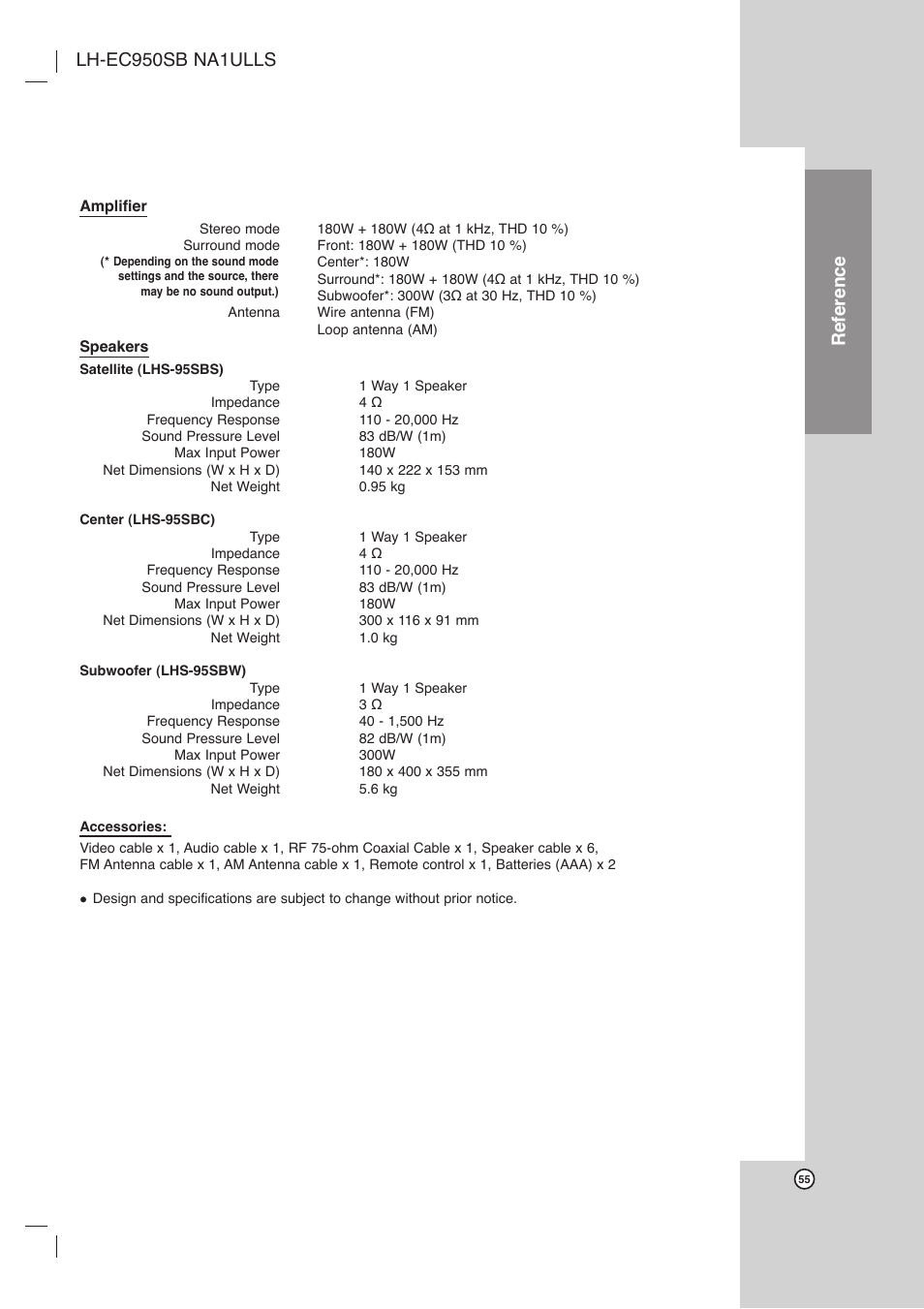 Reference, Lh-ec950sb na1ulls | LG LHX-557 User Manual | Page 55 / 56