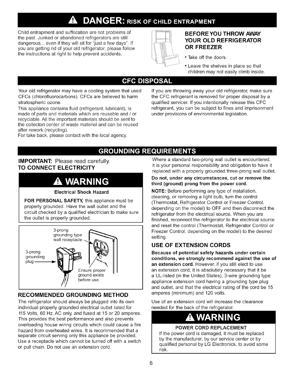 A danger: risk of child entrapment, Cfg disposal, Grounding requirements | Electrical shock hazard, Recommended grounding method, Use of extension cords, Power cord replacement, A danger, Warning | LG LFC20760 User Manual | Page 6 / 29