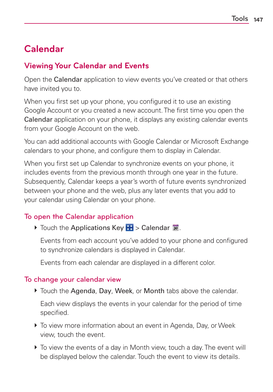 Tools, Calendar, Viewing your calendar and events | LG CONNECT 4G MFL67218101 User Manual | Page 149 / 415