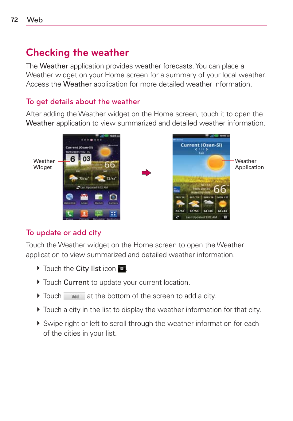 Checking the weather | LG CONNECT 4G MFL67218101 User Manual | Page 74 / 415