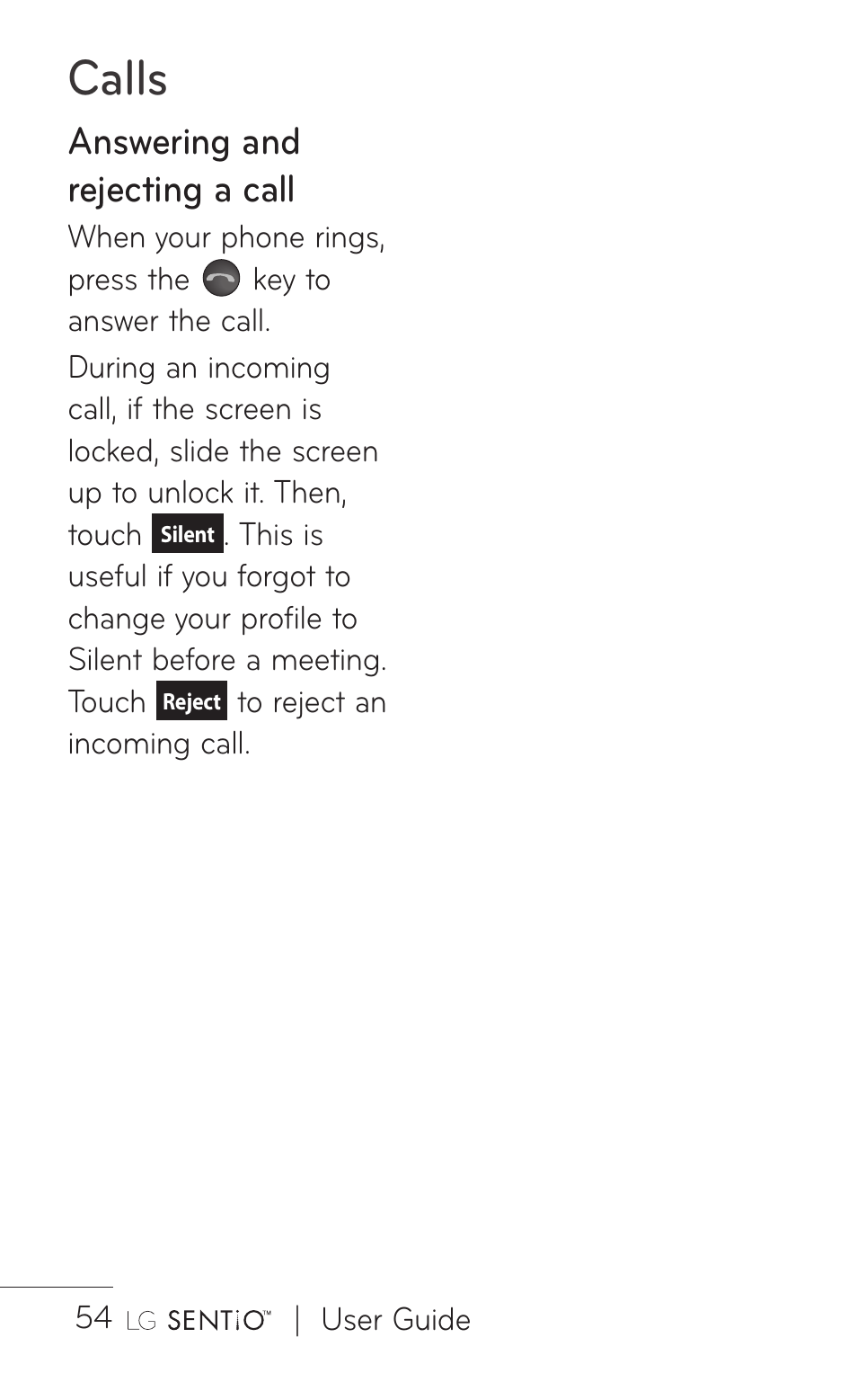 Calls, Answering and rejecting a call | LG B016222 User Manual | Page 56 / 122