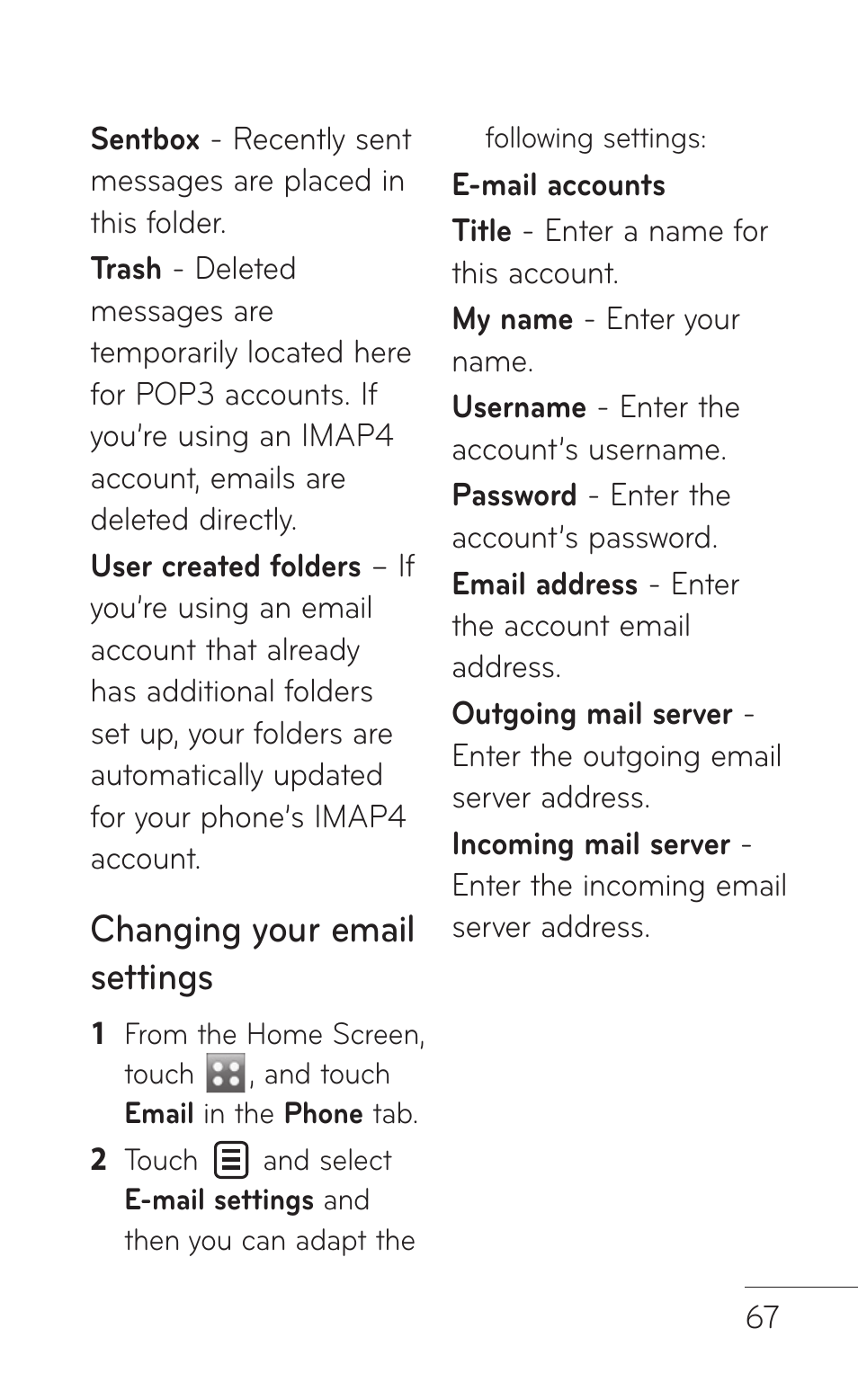 Changing your email settings | LG B016222 User Manual | Page 69 / 122