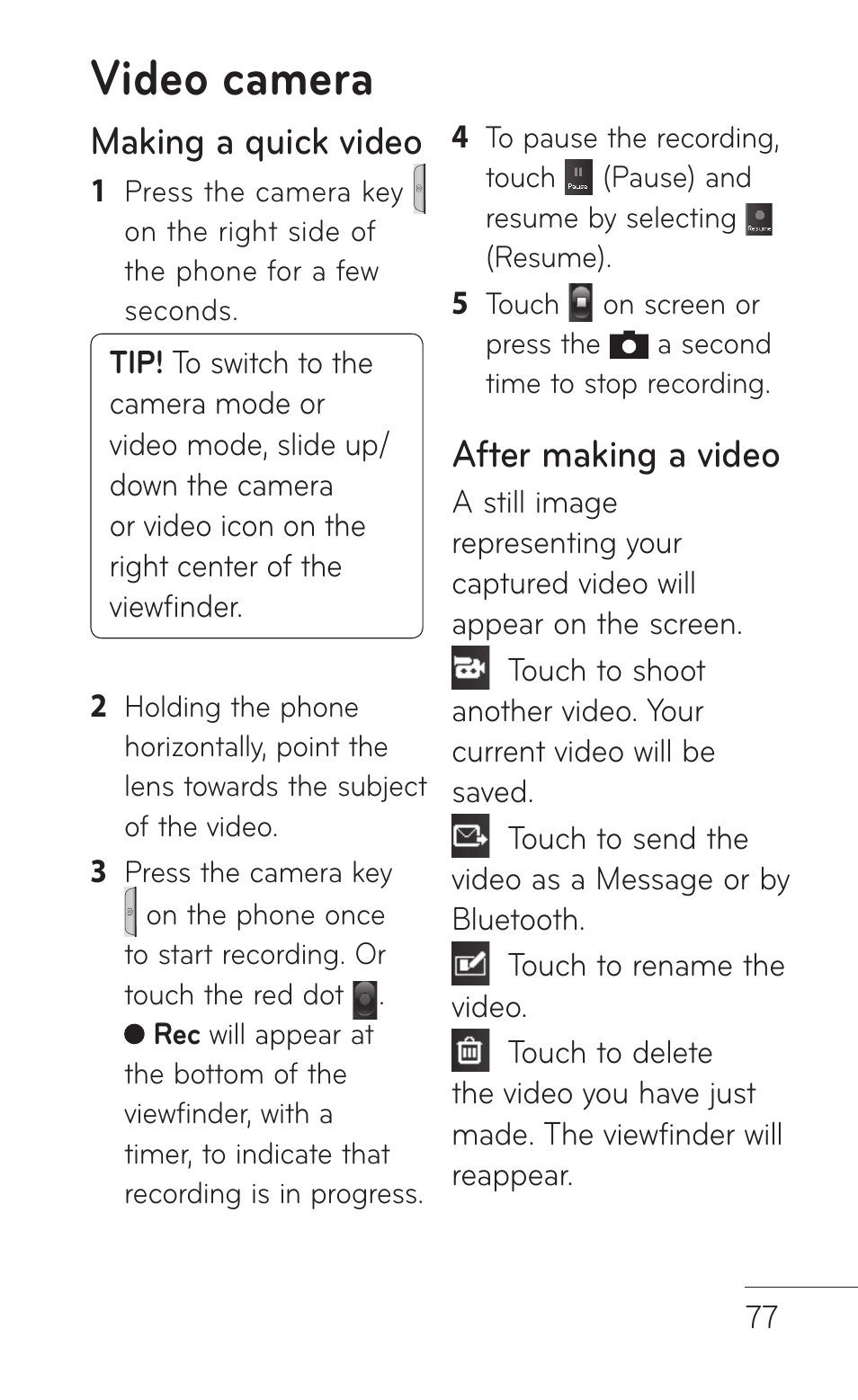Video camera, Making a quick video, After making a video | LG B016222 User Manual | Page 79 / 122