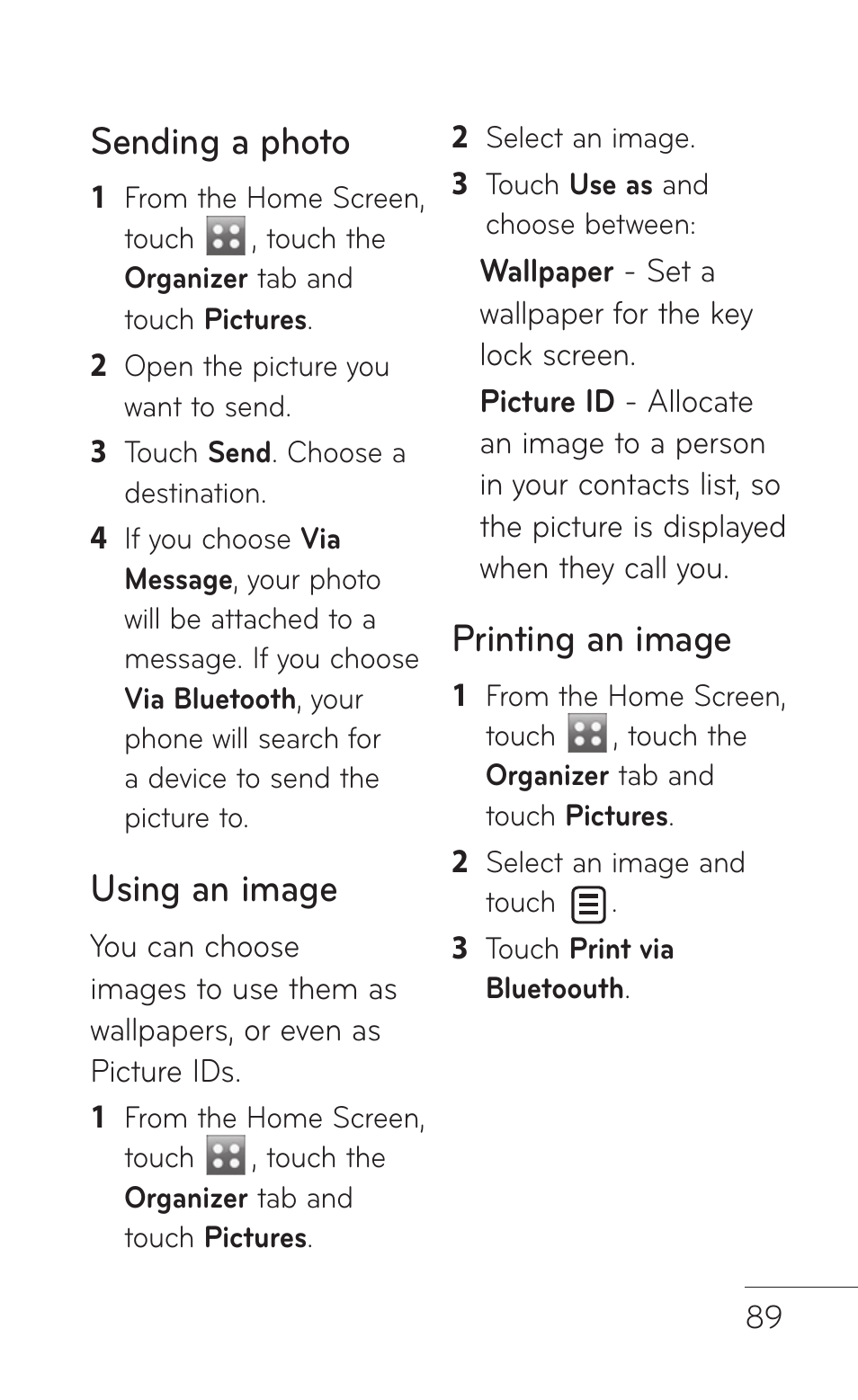 Sending a photo, Using an image, Printing an image | LG B016222 User Manual | Page 91 / 122