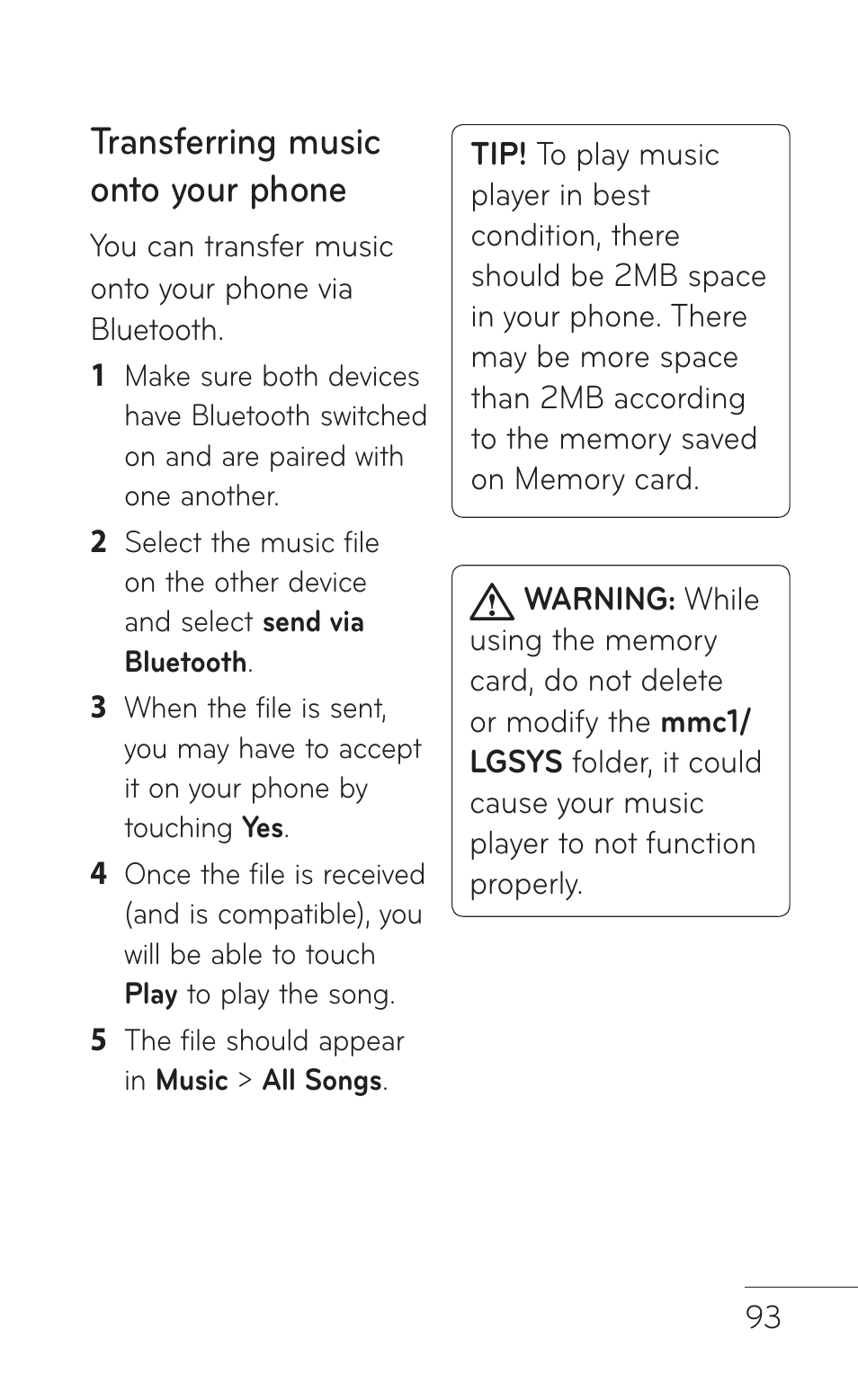 Transferring music onto your phone | LG B016222 User Manual | Page 95 / 122