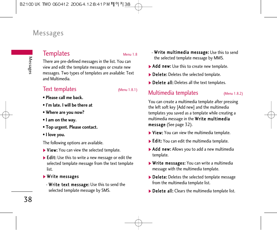Messages, Templates, Text templates | Multimedia templates | LG B2100 User Manual | Page 39 / 79