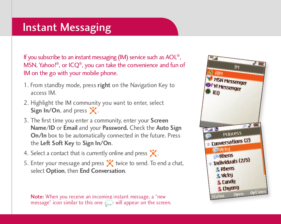 Taking photos/recording video instant messaging | LG CU500 User Manual | Page 9 / 10