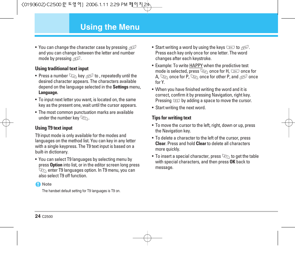 Using the menu | LG C2500 User Manual | Page 25 / 73