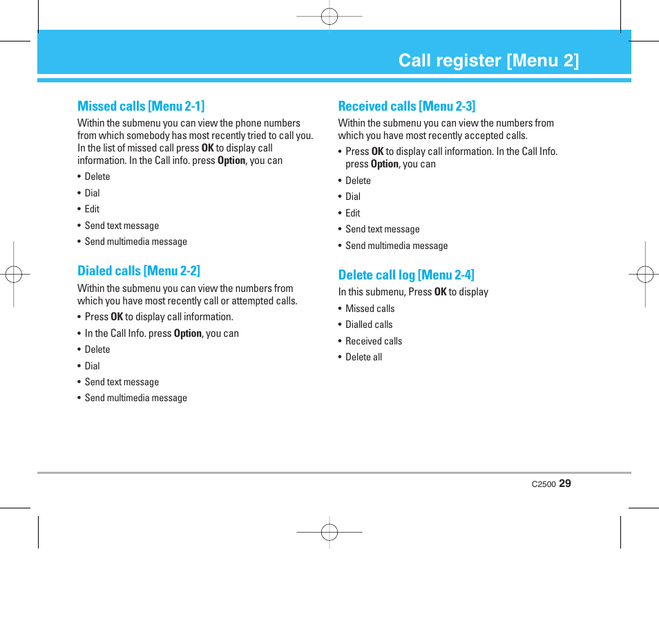 Call register [menu 2, Missed calls [menu 2-1, Dialed calls [menu 2-2 | Received calls [menu 2-3, Delete call log [menu 2-4 | LG C2500 User Manual | Page 30 / 73