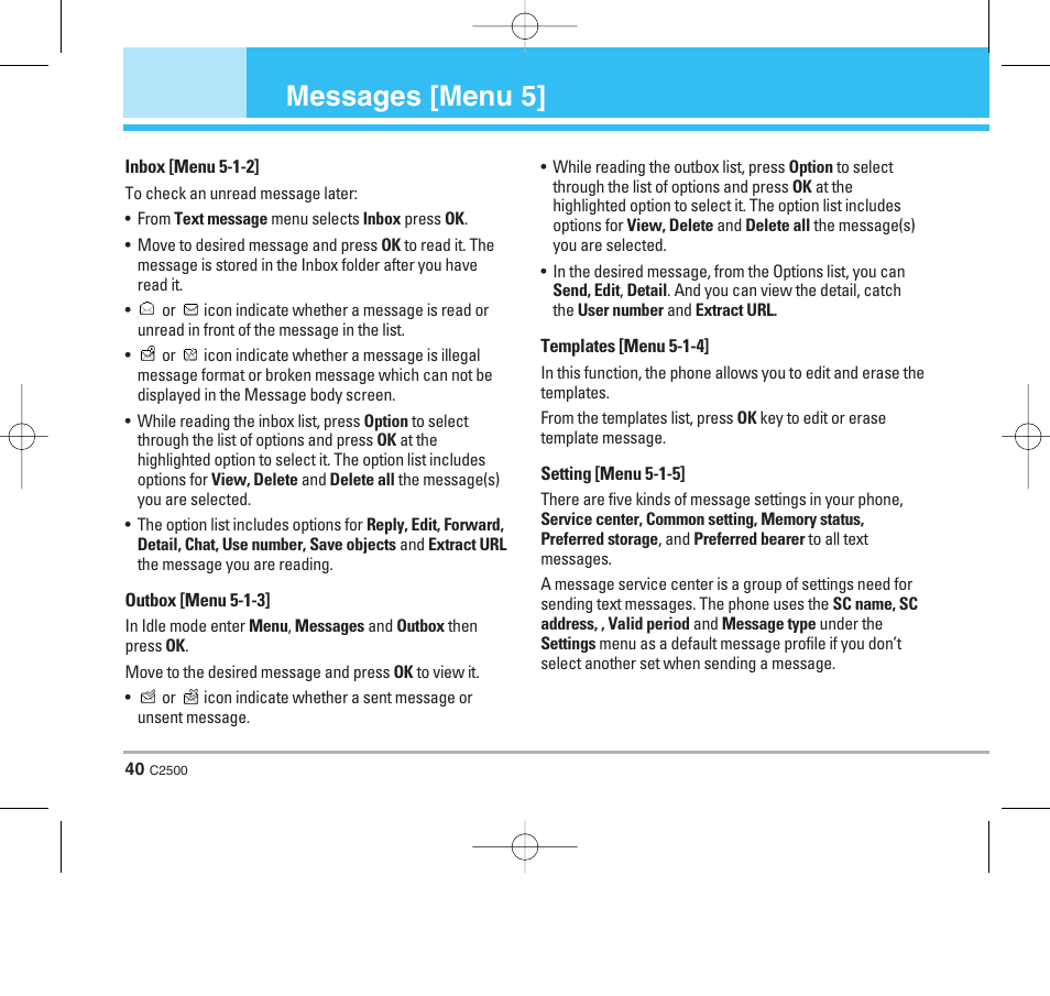 Messages [menu 5 | LG C2500 User Manual | Page 41 / 73