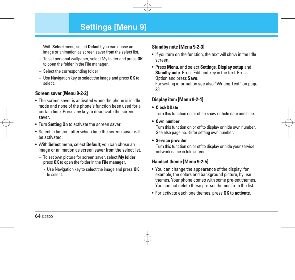 Settings [menu 9 | LG C2500 User Manual | Page 65 / 73