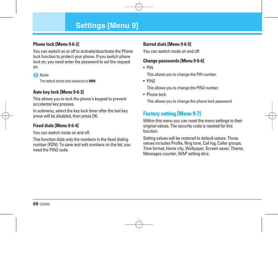 Settings [menu 9, Factory setting [menu 9-7 | LG C2500 User Manual | Page 69 / 73