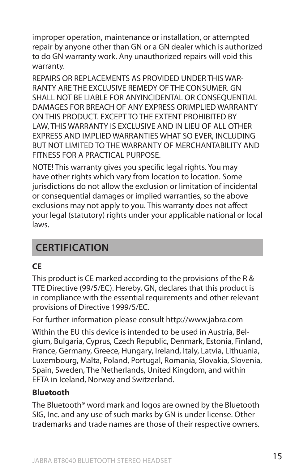 En g li sh, Certification | Lennox Hearth BT8040 User Manual | Page 15 / 16
