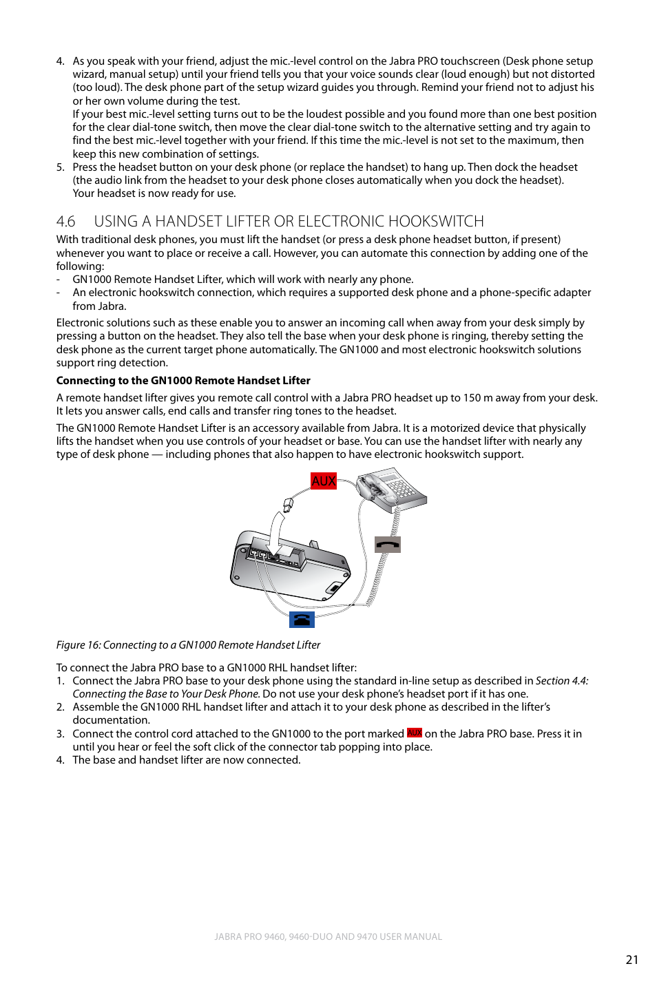 6 using a handset lifter or electronic hookswitch, English | Lennox Hearth JABRA PRO 9470 User Manual | Page 21 / 67