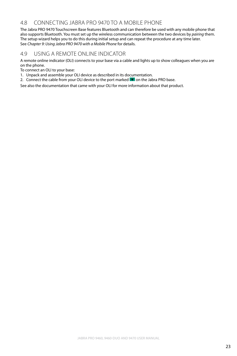 8 connecting jabra pro 9470 to a mobile phone, 9 using a remote online indicator, English | Using a remote online indicator 4.9 | Lennox Hearth JABRA PRO 9470 User Manual | Page 23 / 67